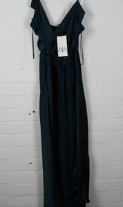 Zara Women's V-Neck Maxi Dress UK L Satin Dark Green Elegant - Picture 1 of 17