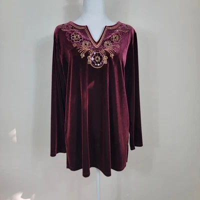 Top túnica de terciopelo Susan Graver L manga larga bordado borgoña boho vacaciones Foto 1 de 4
