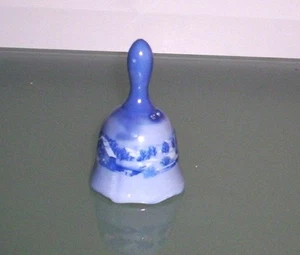 SMALL BLUE & WHITE BELL 3 1/2 " TALL- SNOW SCENE WITH HOUSES -- MADE IN TAIWAN - Picture 1 of 5