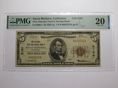 $5 1929 Santa Barbara California National Currency Bank Note Bill #2104 VF20 PMG - Image 1 of 4