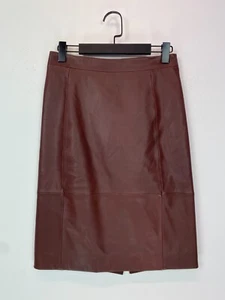 Reiss Brown Leather Front Fabric Back Pencil Skirt Zip Detail Smart UK 8 - Picture 1 of 9