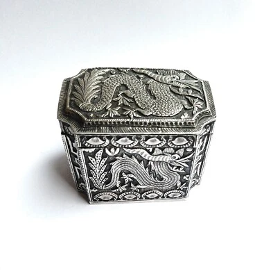 Fina caja antigua china de dragón de plata de la dinastía Qing arte asiático Foto 1 de 4