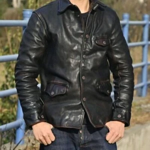 Men's Classic Vintage Distressed Black Jacket Coat Casual Biker Leather Jacket - Picture 1 of 5