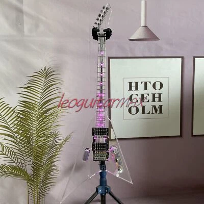 Pink LED Light Arrow V Shape Electric Guitar Crystal Full Acrylic Solid Body - Image 1 of 4