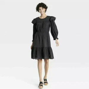 Universal Thread Women's Large Ruffle Long Sleeve Dress Black W/Pockets NWT - Picture 1 of 8