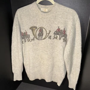 VTG Damon Sweater Mens M Wool Italy True 60s 70s RARE Hunting Scene Horses Dogs - Picture 1 of 8