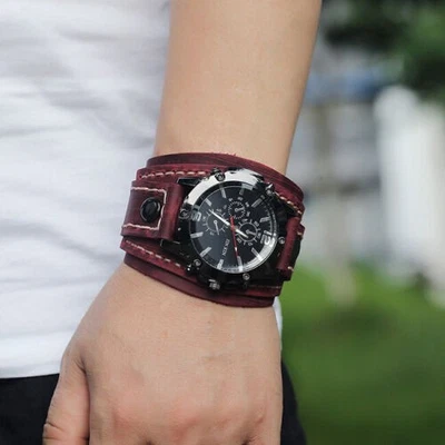 New Wide Leather Watch Cuff Band Brown Wrist Black Strap Punk Retro Quartz Mens - Immagine 1 di 4