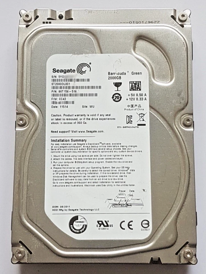 2 TB SATA Seagate barracuda Green ST2000DL001 5900rpm 32MB HDD 3.5 " Hard Drive - Image 1 of 1