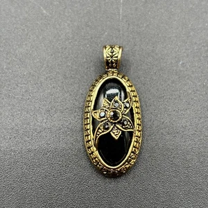 Vintage Made in Korea Black Glass Rhinestone Floral Pendant Necklace No Chain - Picture 1 of 5