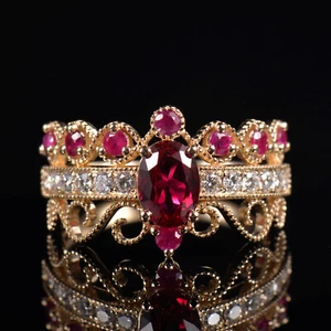 Vintage Lace Milgrain Ruby Natural Diamond Women Ring Band Solid 14K Yellow Gold - Picture 1 of 14