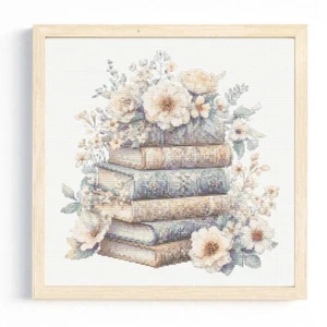 Stack of Books Cross Stitch Pattern/Chart, Books with Flowers, Book Lover - Picture 1 of 4