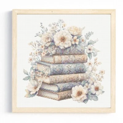 Stack of Books Cross Stitch Pattern/Chart, Books with Flowers, Book Lover  - Image 1 of 4