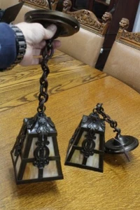 Pair Antique Pendant Arts & Crafts Ceiling Light Fixture Slag Glass Shade No 1 - Picture 1 of 10