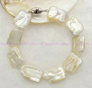 Natural 15x20mm White Rectangle Square Freshwater Baroque Pearl Bracelet 7.5'' - Picture 1 of 12