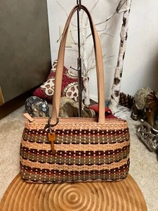Vintage Fossil Woven Tri Color Medium Leather Shoulder Bag 75082 Zip Closure - Picture 1 of 11