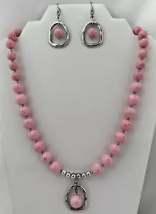 Rhodium Pink Ceramic 22" Necklace 2 1/4" Drop Earring Set - Picture 1 of 8