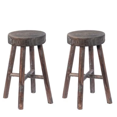 New Vintiquewise Antique Round Wooden Chair Log Cabin Stools Set of 2 - Image 1 of 4