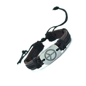 Bracciale pace cuoio unisex targhetta metallica - Leather Bracelet Peace - #BU3 - Foto 1 di 2