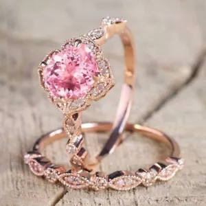 1.50ct Round Pink Morganite Fashion Women Rings 10K Rose Gold Wedding Ring Set - Picture 1 of 5