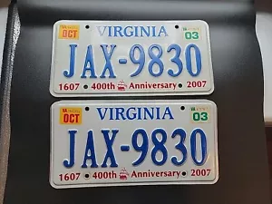 Par de placas de matrícula de Virginia 2003 etiqueta 400 aniversario placas especiales JAX-9830 - Imagen 1 de 6