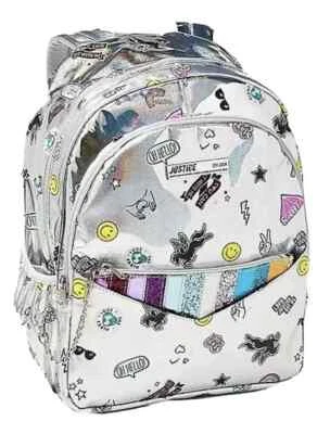Mochila y muñeca Justice Girls plateada HOLOGRAMA IRRIDISCENTE tamaño completo, nueva con etiquetas Foto 1 de 4