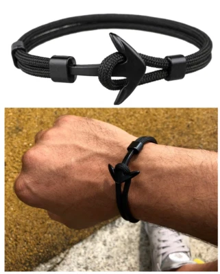 Bracciale Ancora Corda Uomo Donna Cordoncino Nautica Nero Argento idea regalo - Immagine 1 di 4