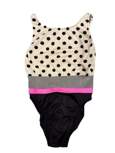 Costume da bagno vintage Avon Fashions anni 80 nero a pois rosa bianco taglia 11/12 - Foto 1 di 5