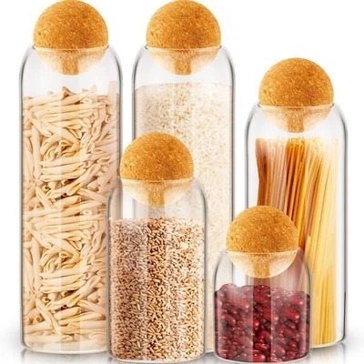5 Pack Storage Glass Jar Set Food Tank with Spherical Cork Cute Ball Candy Ja... - Image 1 of 4