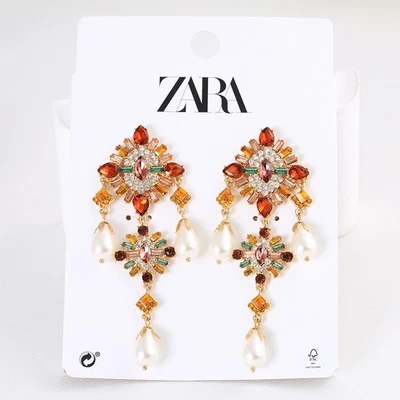 Luxury sweet colorful diamond-encrusted flowers, pearl glazed earrings - Image 1 of 4