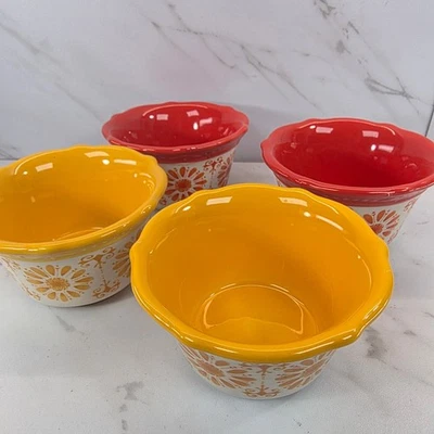 Juego de 4 cuencos de inmersión Ramekins de gres con ráfagas florales Pioneer Woman - rojo y amarillo Foto 1 de 4
