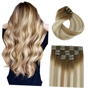 Clip in Hair Extensions Real Human Hair Double Weft Balayage Color Walnut - Picture 1 of 7