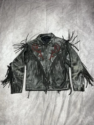 VINTAGE  Black Leather Fringe Jacket Ladies M/S  Biker Motorcycle 90s Braid - Image 1 of 4