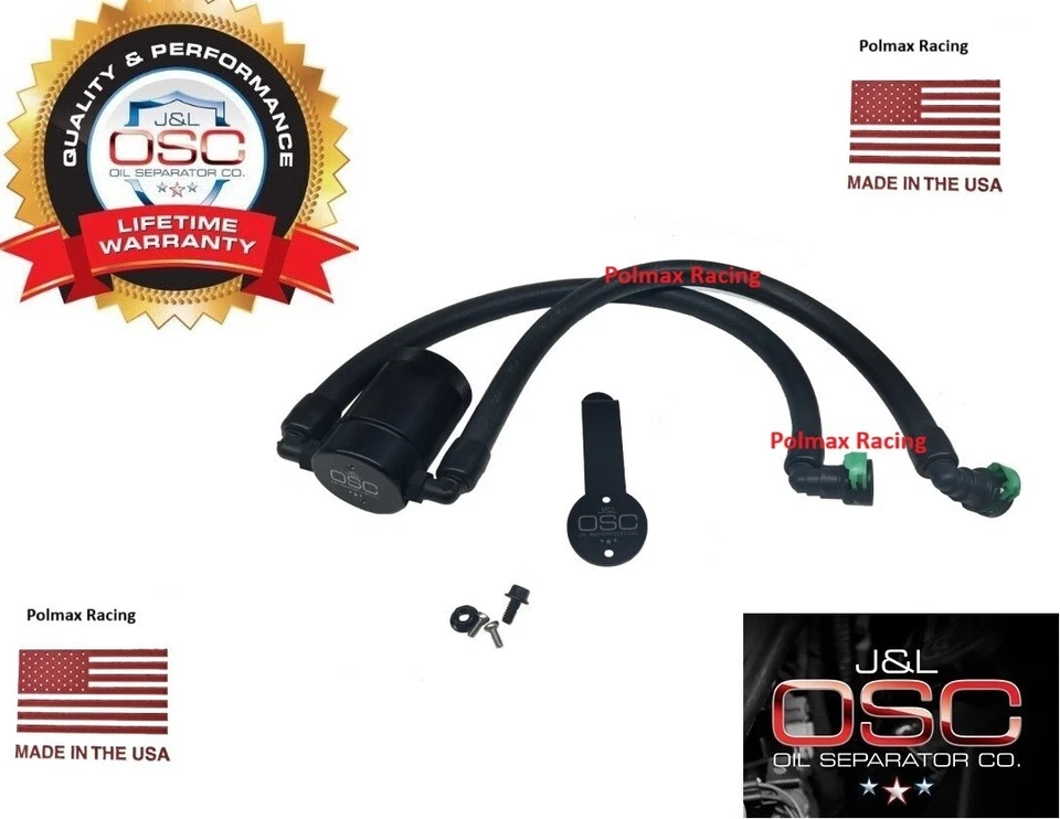 J&L black billet oil separator catch can 3029D-B 2015-2023 Mustang 2.3 Ecoboost - Image 1 of 1