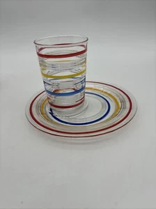 Vintage Anchor Hocking Banded Ring Off-Center 4 Snack Plates W/ 5 Tumblers - Picture 1 of 12