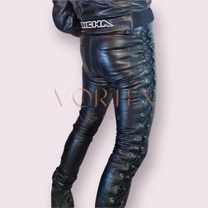 Men's Black Leather Trouser Real Lambskin Leather Trouser Lace Up Style Trouser - Picture 1 of 3