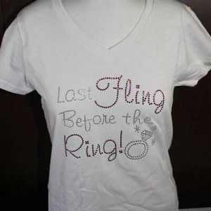 Bride's Bling White V-Neck Small Shirt Silver Pink Rhinestones Bachorlette Party - Picture 1 of 2
