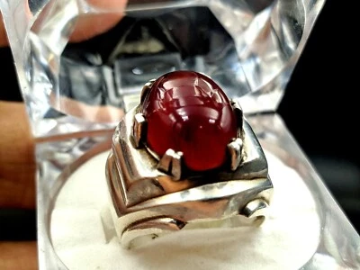 Red Aqeeq Mens Ring 925 Sterling Silver Natural Akik Stone Agate Men Ring  - Image 1 of 4