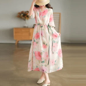 Maxi Vestido de Lino Algodón Media Manga Cuello en V Faja Floral China Cordón - Imagen 1 de 14