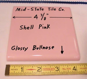1 pc. "Glossy Shell Pink" Surface Bullnose Ceramic Tile: by 4-3/8" Mid-State Co. - Picture 1 of 12