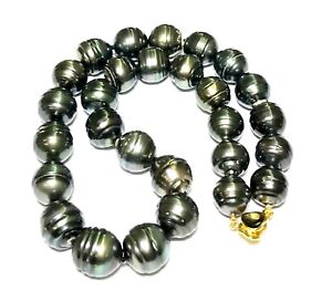 Giant 13 - 15.2mm Tahitian Sea Peacock Black Green Semi Round Pearl 18“ Necklace