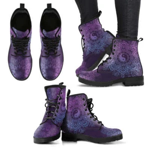 Purple YinYang Mandala Handcrafted Women's Vegan-Friendly Leather Boots - Picture 1 of 2
