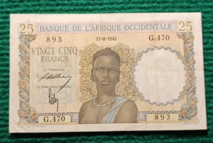 Billet 25 Francs - BANQUE AFRIQUE OCCIDENTALE - Pick 38(1) - 1943 - SUP - Imagen 1 de 2