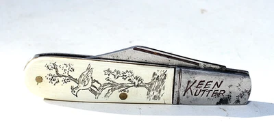 Faca Barlow antiga Keen Kutter 828 com alças de scrimshaw - Imagem 1 de 4