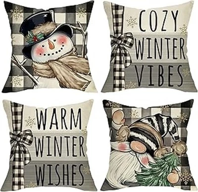 Winter Snowman Decorative Throw Pillow Covers 16x16 Set of 4 Black/White Check - Image 1 of 3