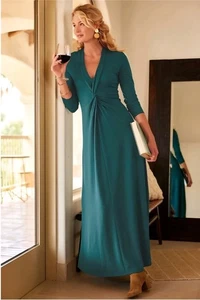 Soft Surroundings Damen Lagia Maxikleid Größe L türkis V-Ausschnitt Ponte Strick Boho - Bild 1 von 9