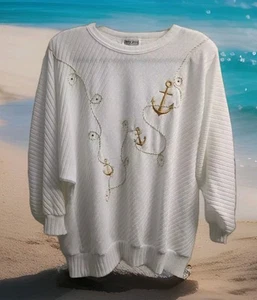 Amy Jess Womens Nautical XL White Gold Embroidered Boat Anchor Long Sleeve Shirt - Picture 1 of 8