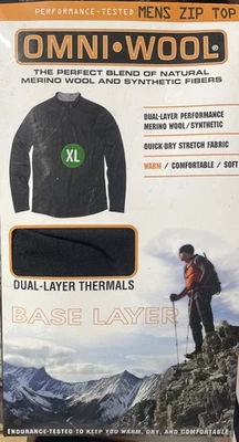 Omni-Lana Mezcla de Lana Merino Tela Elástica Capa Base Cremallera Top Para Hombre XL Negro Nuevo Foto 1 de 2