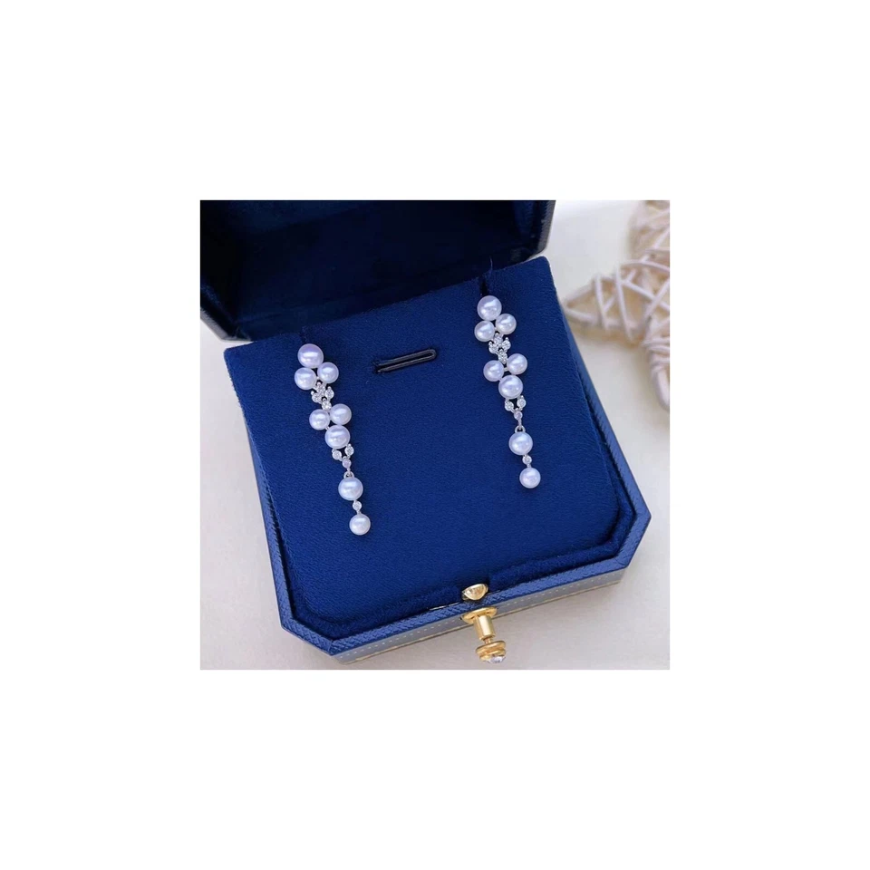 Elegant 3-5 mm fresh water pearl earrings 925 silver gold plated gift dangle - Image 1 of 1