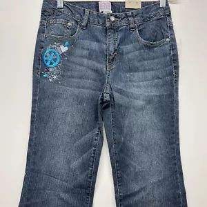 Canyon River Blues Girls Medium Blue Rinse Flare Adj Waist Jeans 14 Peace Sign - Picture 1 of 11