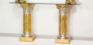 CONSOLLE COPPIA COLONNA REGALE ENTRATINA IN CERAMICA FOGLIA ORO E ARGENTO  - Foto 1 di 1